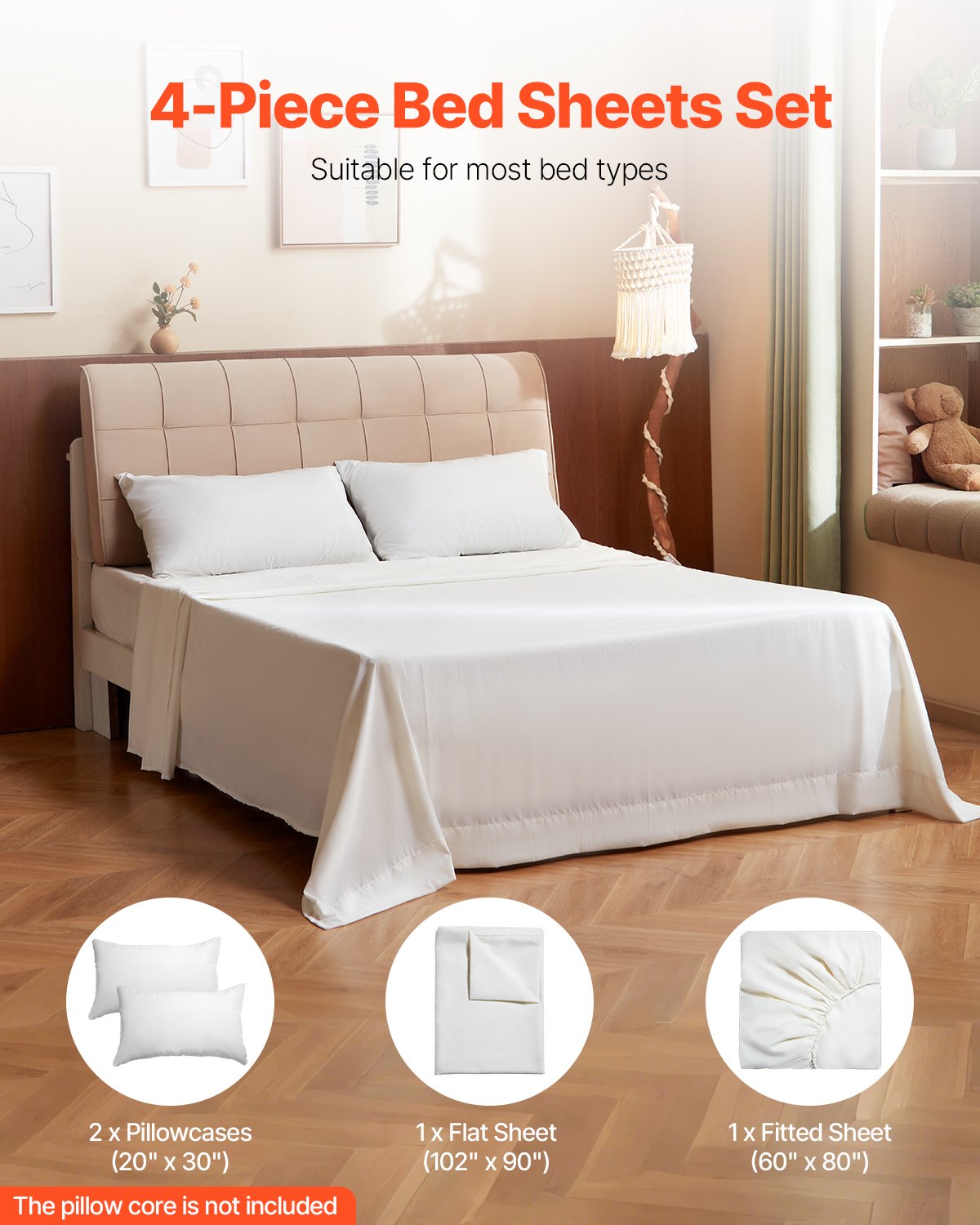 VEVOR 4-Piece Bed Sheet Set - Queen Size, 100% Bamboo Fiber Bedding Set, Cooling, Breathable & Shrink-Resistant Luxury Bed Sheet with Deep Pocket, Fit up to 16" Deep Mattress, Ideal for Hotel Bedroom