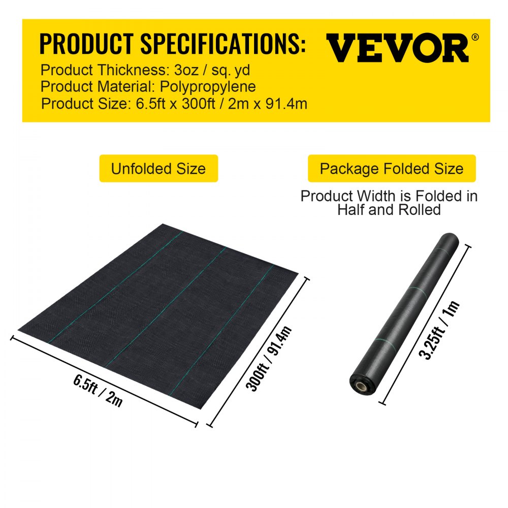 VEVOR 200 x 9144 cm Premium Weed Barrier Fabric Heavy Duty 90.7 g, Woven Weed Control Fabric, High Permeability Good for Flower Bed, Geotextile Fabric for Underlayment, Polyethylene Ground Cover
