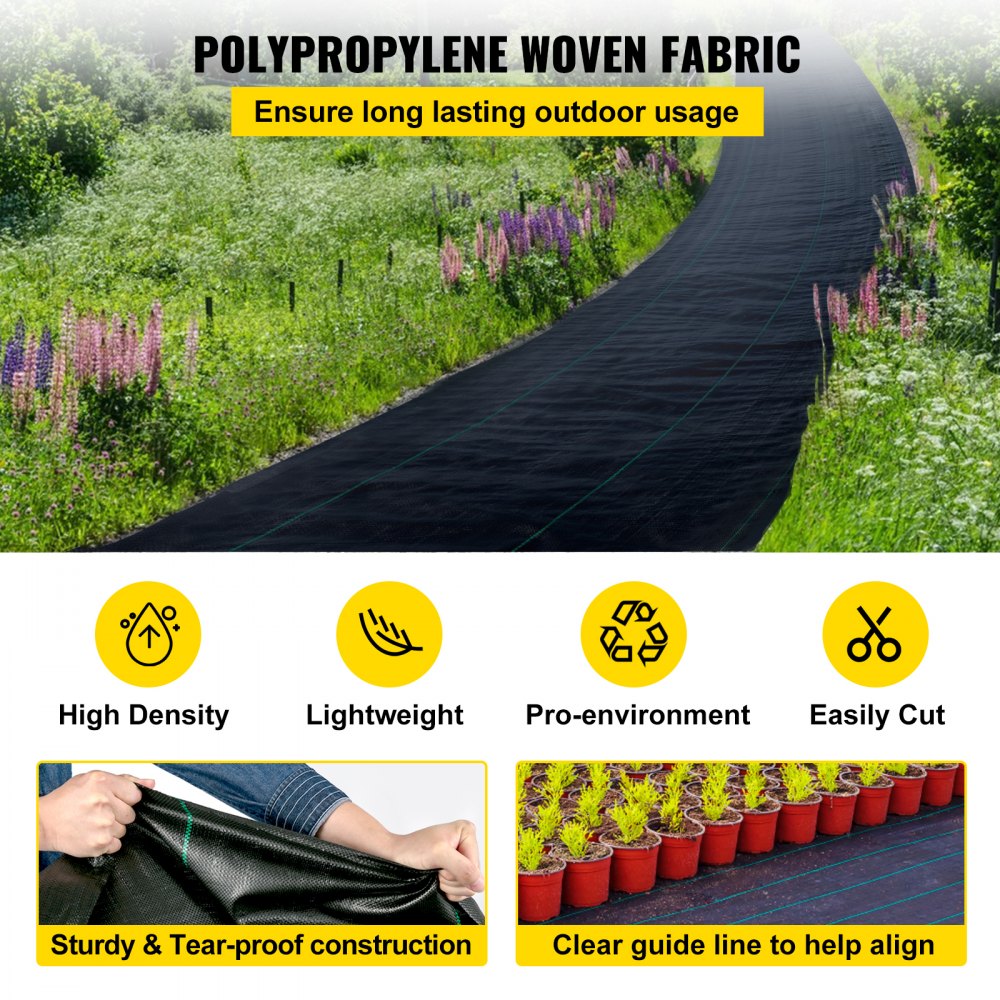 VEVOR 1.8 x 91.5 m Premium Weed Barrier Fabric Heavy Duty 3.2OZ, Woven Weed Control Fabric, High Permeability Good for Flower Bed, Geotextile Fabric for Underlayment, Polyethylene Ground Cover