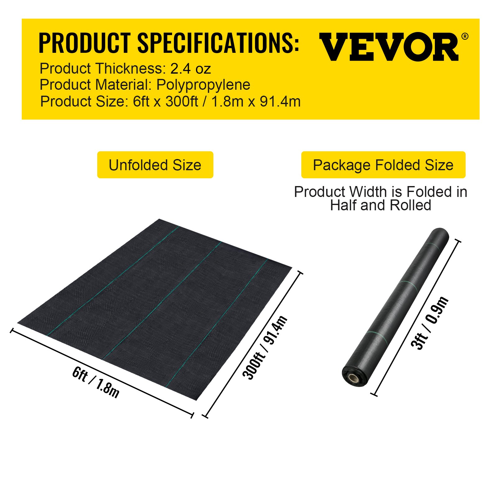 VEVOR Weed Control Fabric 6ft x 300ft - Geo Textile Fabric Heavy Duty - Woven Ground Cover for Commercial Greenhouse, Yard, Garden Barrier Cloth Blocker Mat