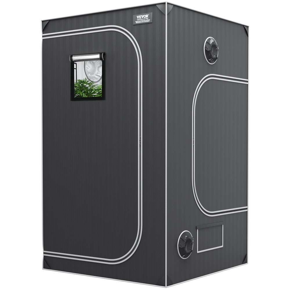 VEVOR grow tent with viewing window and ventilation ports in a sleek, black and silver design.