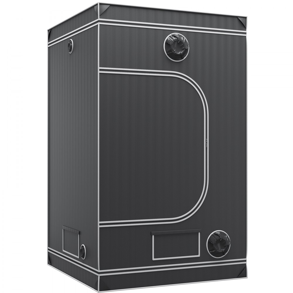 VEVOR grow tent, black with white trim, multiple access points, reflective interior, sturdy design.