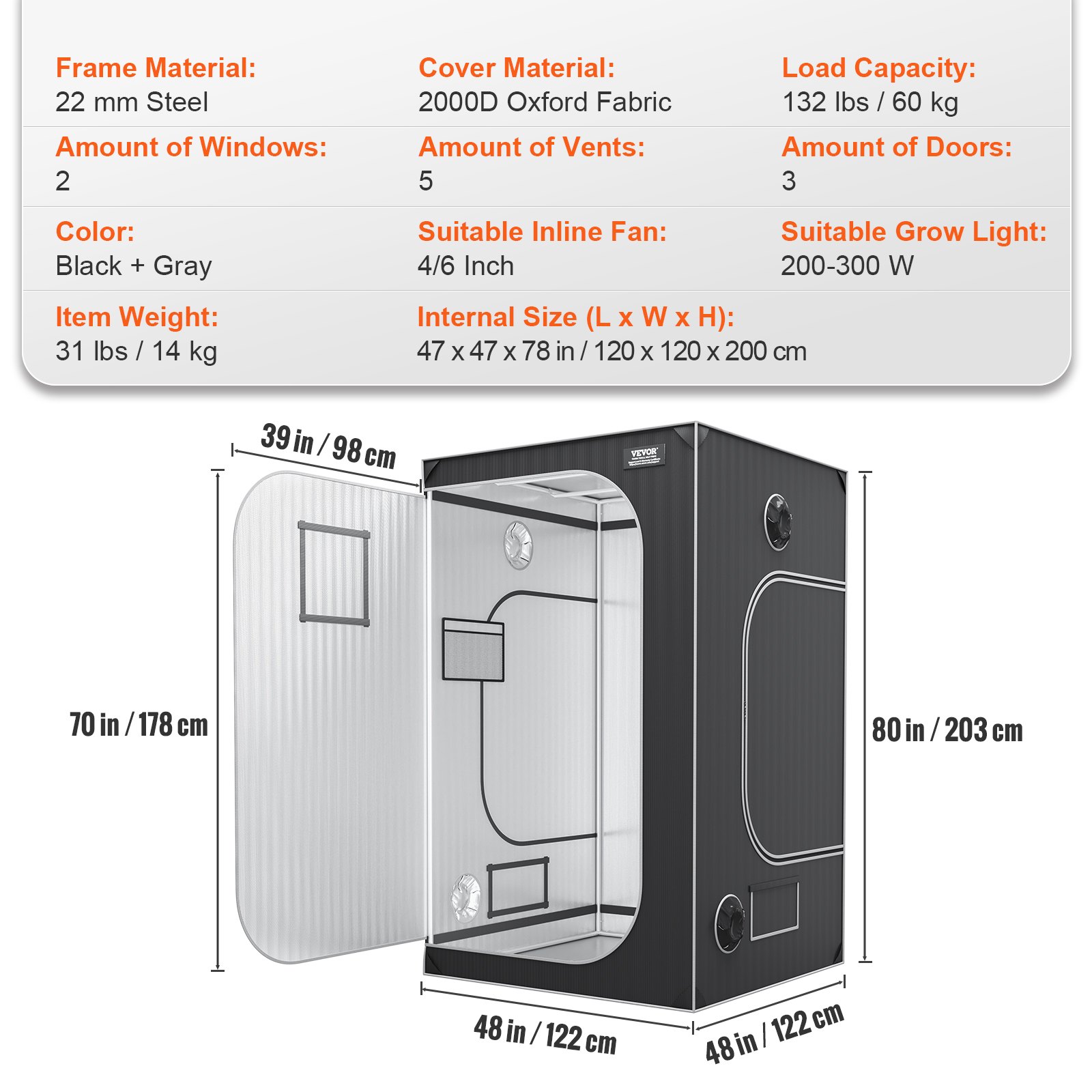 VEVOR grow tent with steel frame, oxford fabric cover, 2 windows, 5 vents, and 3 doors.