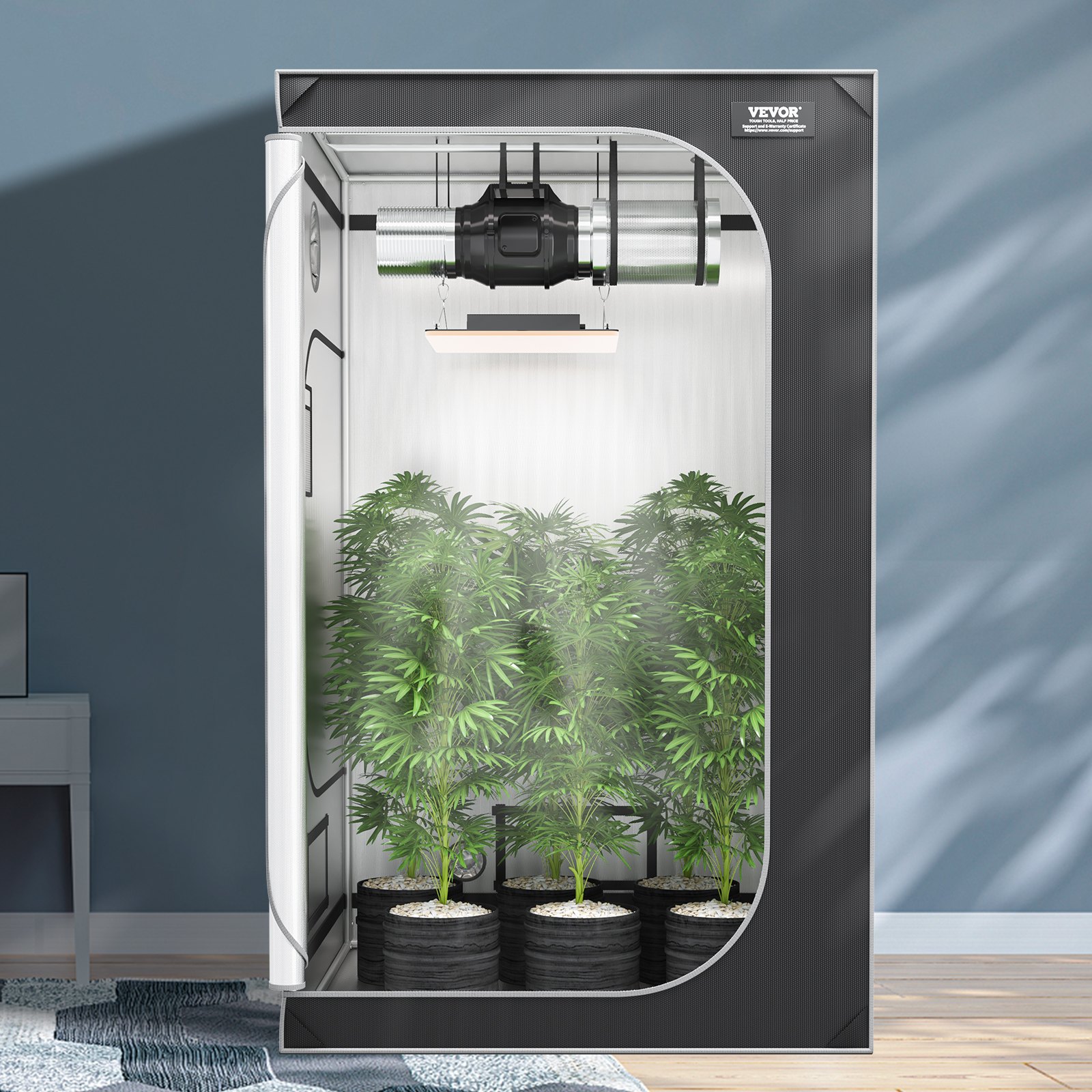 VEVOR grow tent with potted plants, interior led light, and ventilation system.