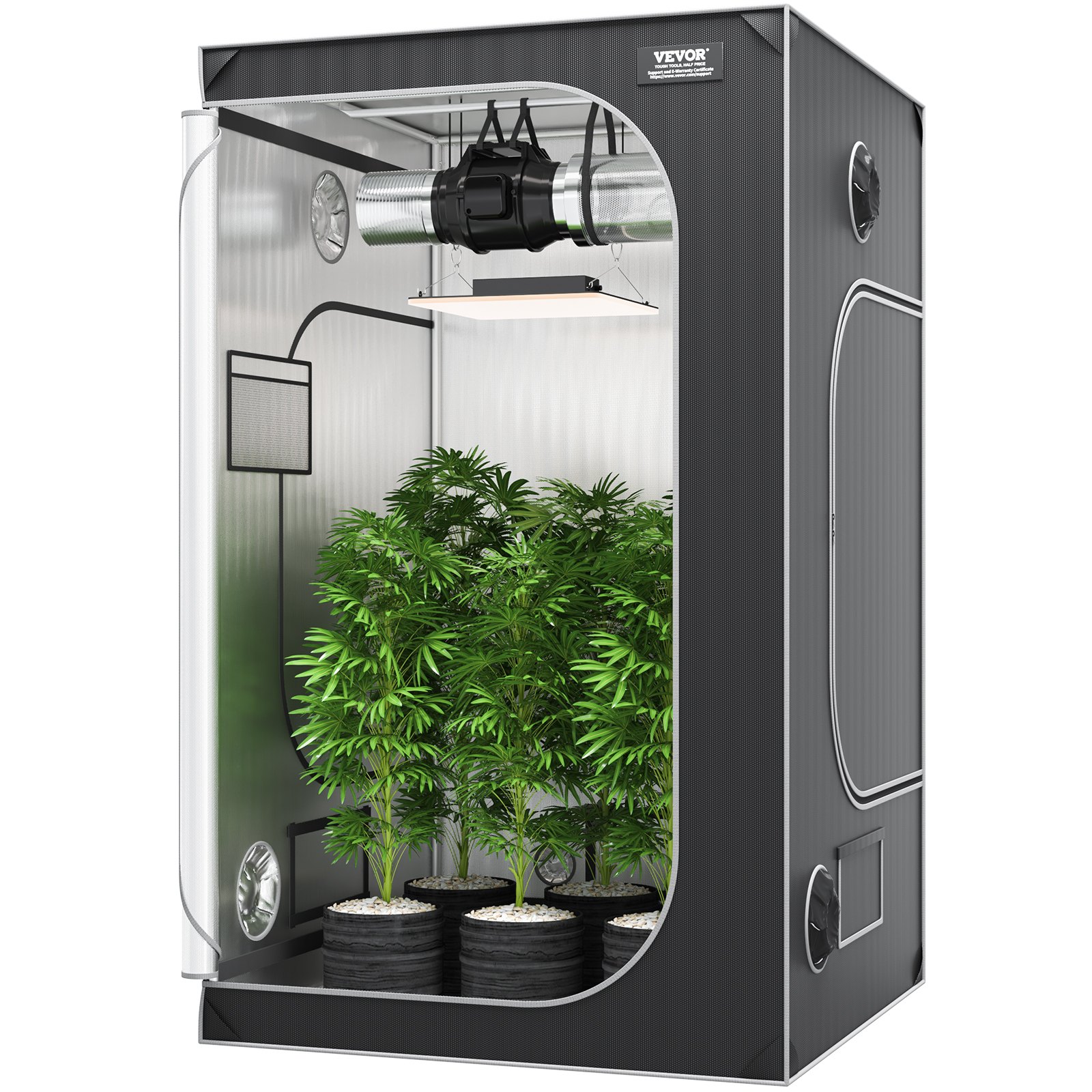 VEVOR grow tent with internal lighting and ventilation, housing potted plants with healthy green foliage.