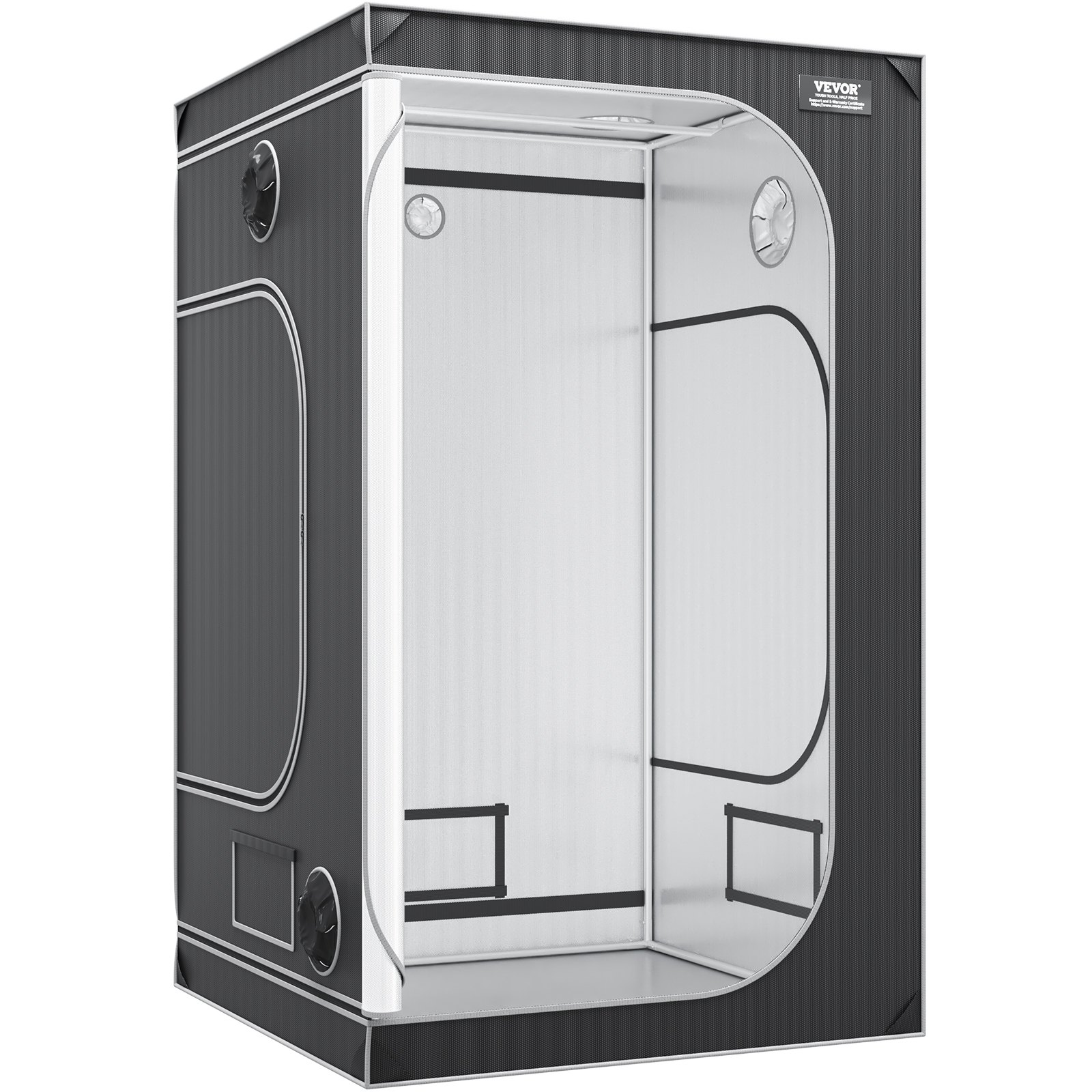 VEVOR grow tent with reflective interior and multiple ventilation ports, featuring zippered access door.