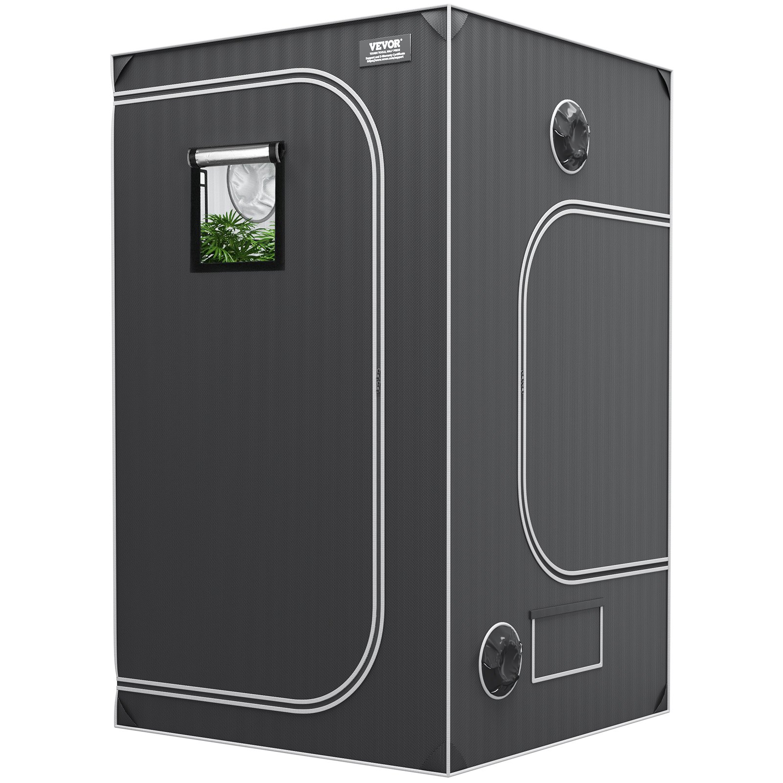VEVOR grow tent with viewing window and ventilation ports in a sleek, black and silver design.