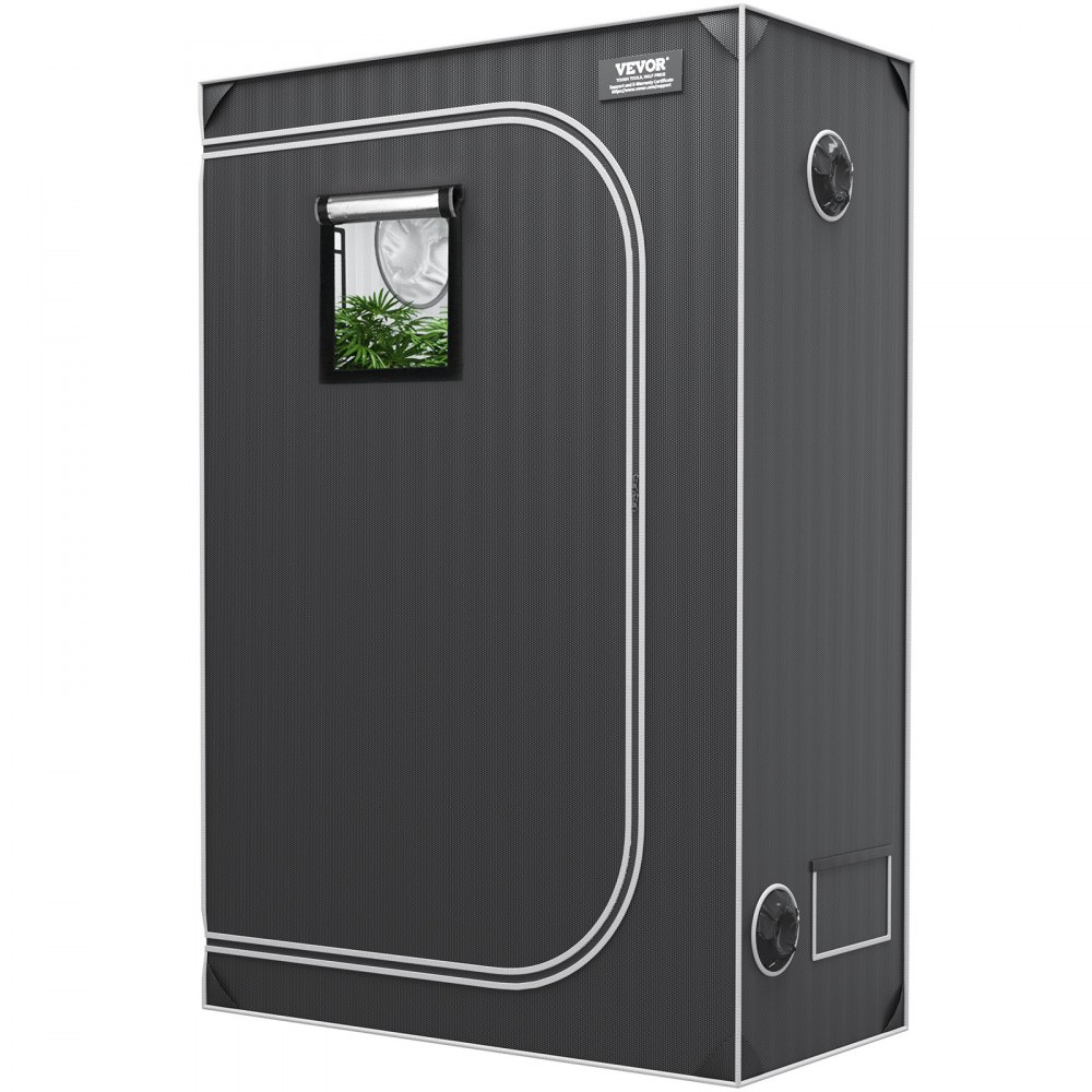 VEVOR grow tent with a small viewing window and ventilation ports, showcasing interior greenery.