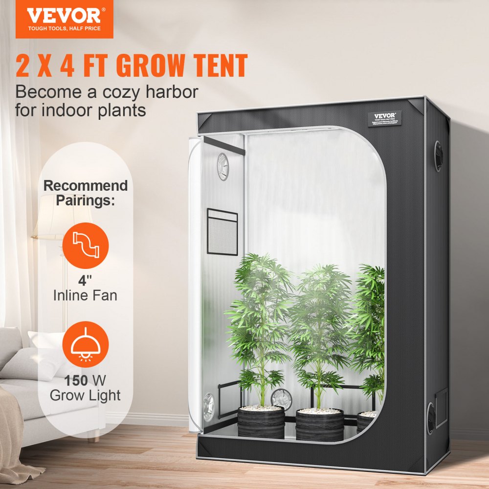 VEVOR 2x4 Grow Tent, 122 x 61 x 183 cm, High Reflective 2000D Mylar Hydroponic Growing Tent with Observation Window, Tool Bag and Floor Tray for Indoor Plants Growing