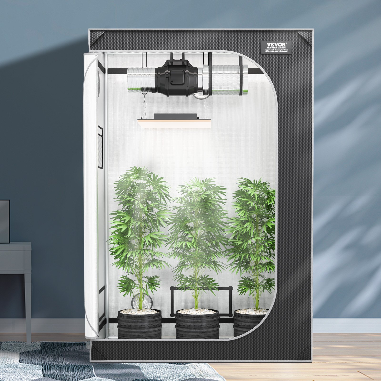 VEVOR grow tent with three healthy plants inside, hydroponic ventilation system, and led lighting.