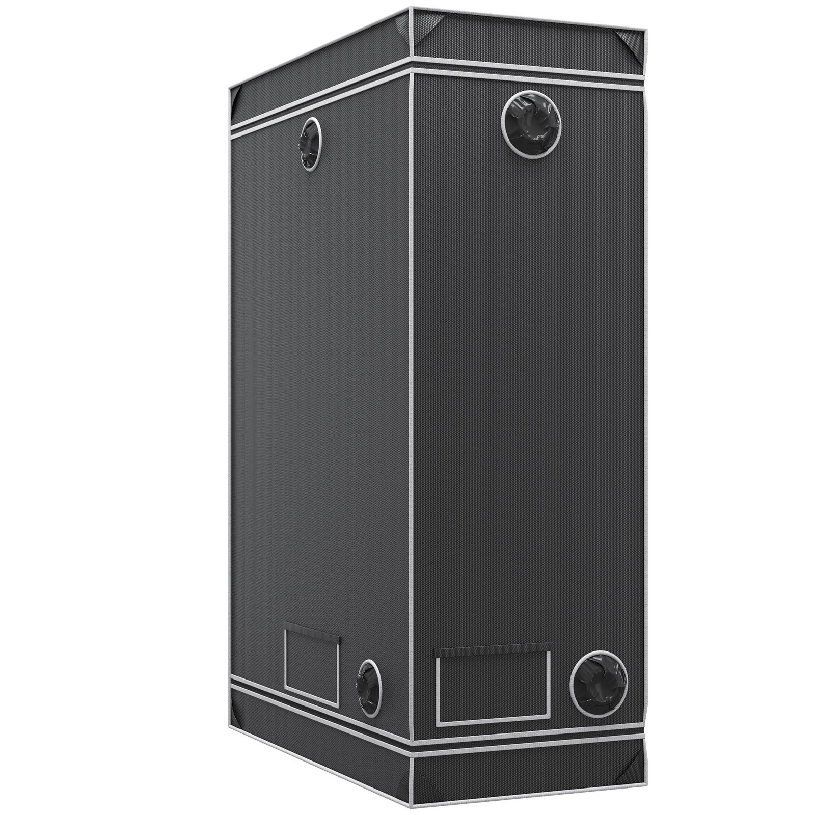 VEVOR grow tent with black exterior, white seams, multiple vents, and rectangular base.
