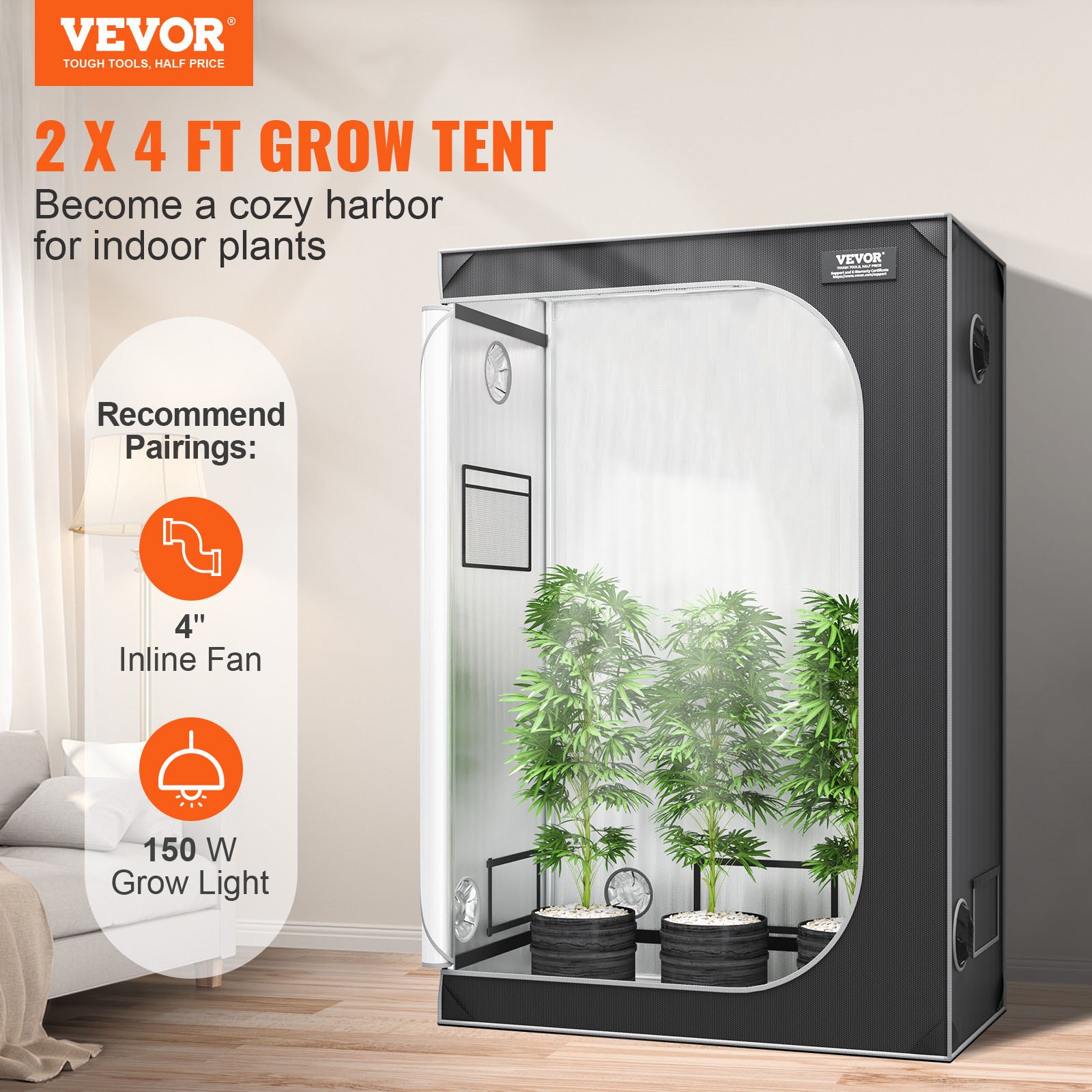 VEVOR 2x4 Grow Tent, 122 x 61 x 183 cm, High Reflective 2000D Mylar Hydroponic Growing Tent with Observation Window, Tool Bag and Floor Tray for Indoor Plants Growing