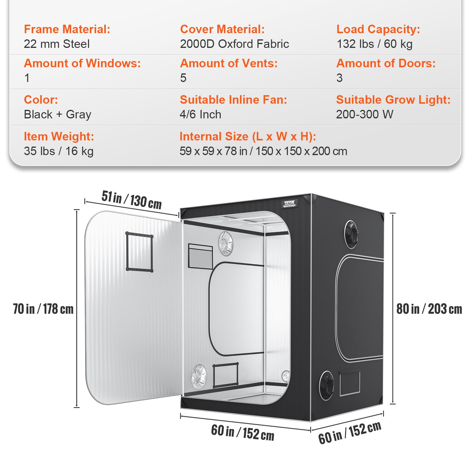 VEVOR 5x5 Grow Tent, 1828.8 x 1828.8 x 2438.4 cm, High Reflective 2000D Mylar Hydroponic Growing Tent with Observation Window, Tool Bag and Floor Tray for Indoor Plants Growing