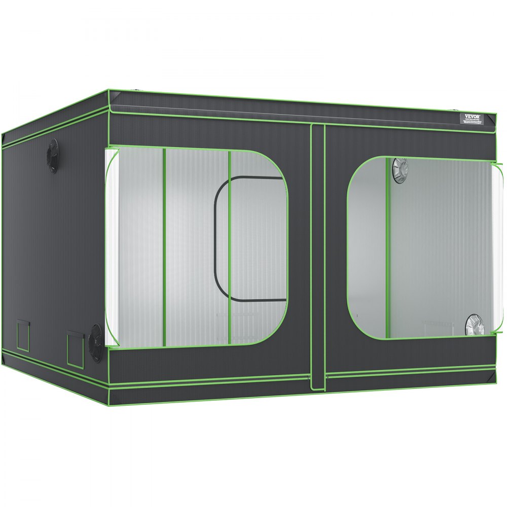 VEVOR grow tent, black exterior with green trim, large observation windows and ventilation ports.