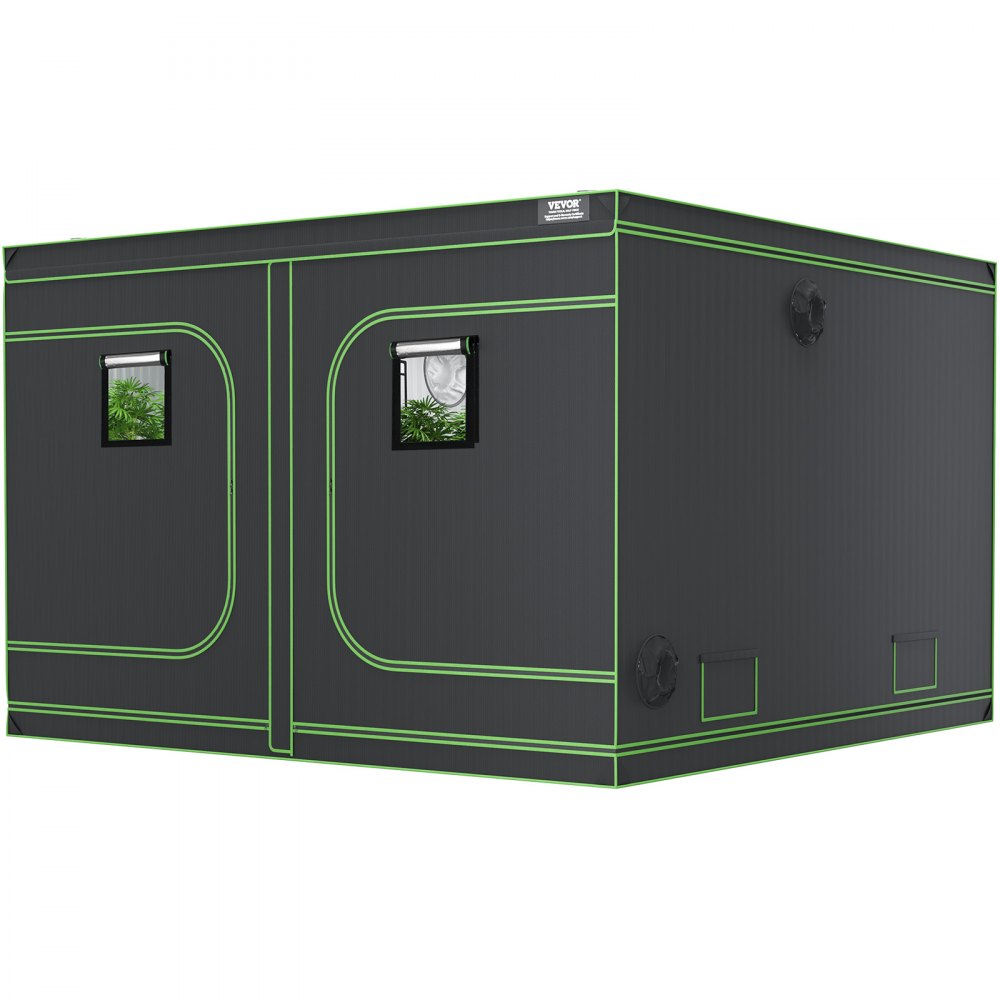 VEVOR grow tent with visible plants inside through small windows, black exterior with green trim.