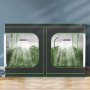 VEVOR grow tent with indoor plants, led lights, and ventilation system on a wooden floor backdrop.