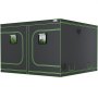 VEVOR grow tent with visible plants inside through small windows, black exterior with green trim.