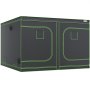 black VEVOR grow tent with green trim, multiple vents, and window flaps for indoor gardening.