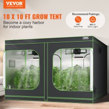 VEVOR 10x10 Grow Teltta, 120" x 120" x 80", Heijastava 600D Mylar Hydroponic teltta havaintoikkunalla, työkalupussilla ja lattiatarjottimella sisäkasvien viljelyyn