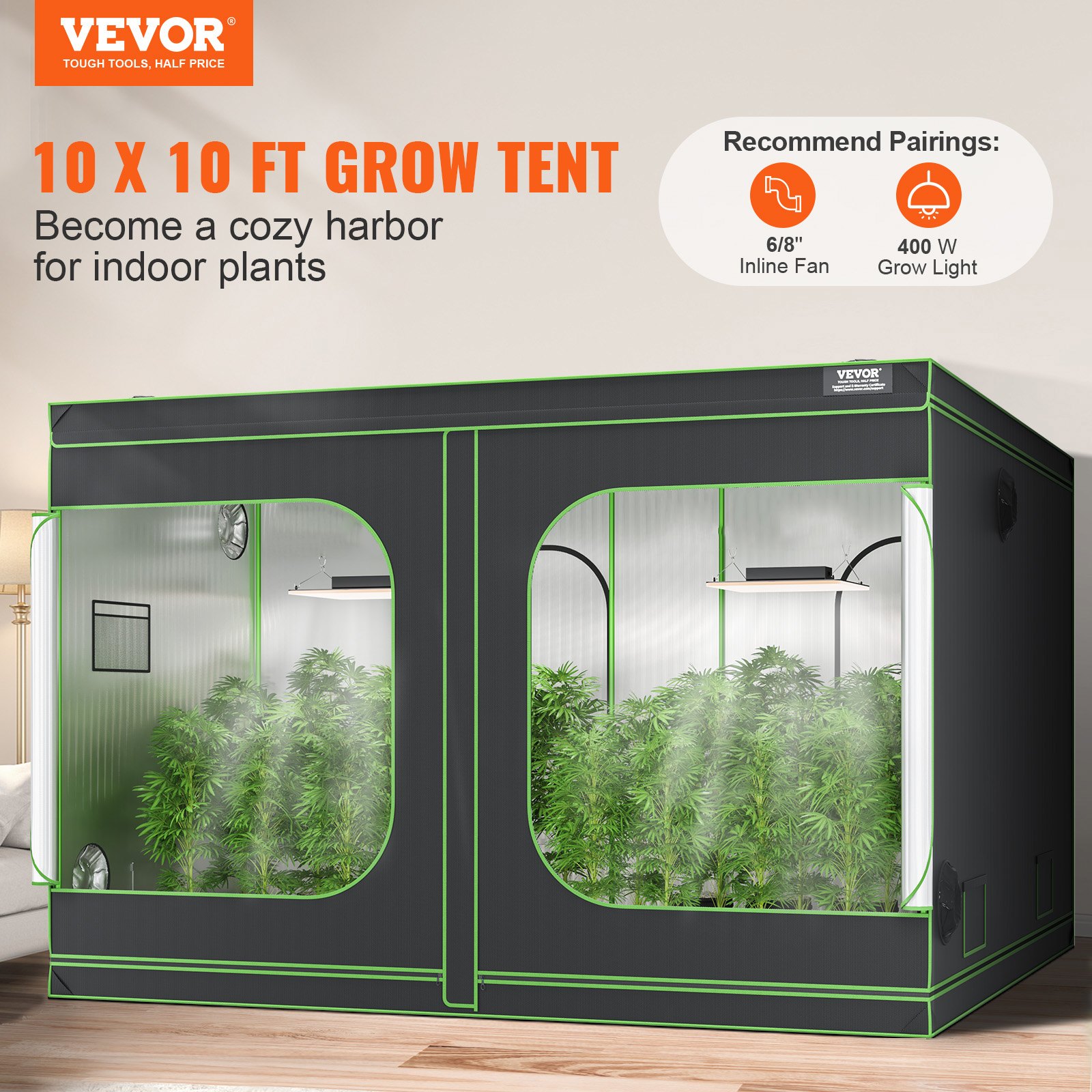 VEVOR grow tent 10x10 ft for indoor plants with recommendations for inline fan and grow light.