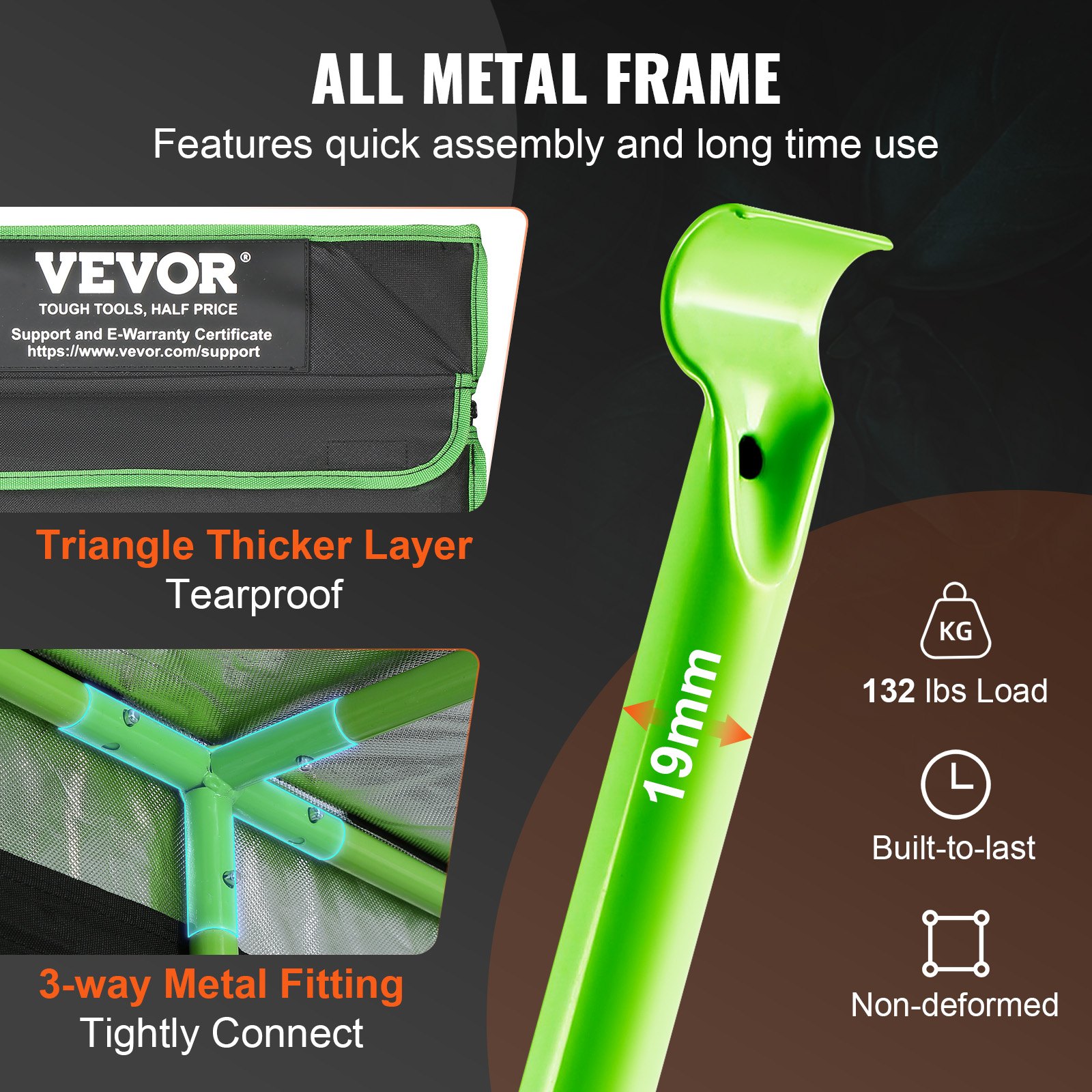 VEVOR grow tent features an all-metal frame, triangle thicker layer, 3-way metal fitting, and 132 lbs load capacity.