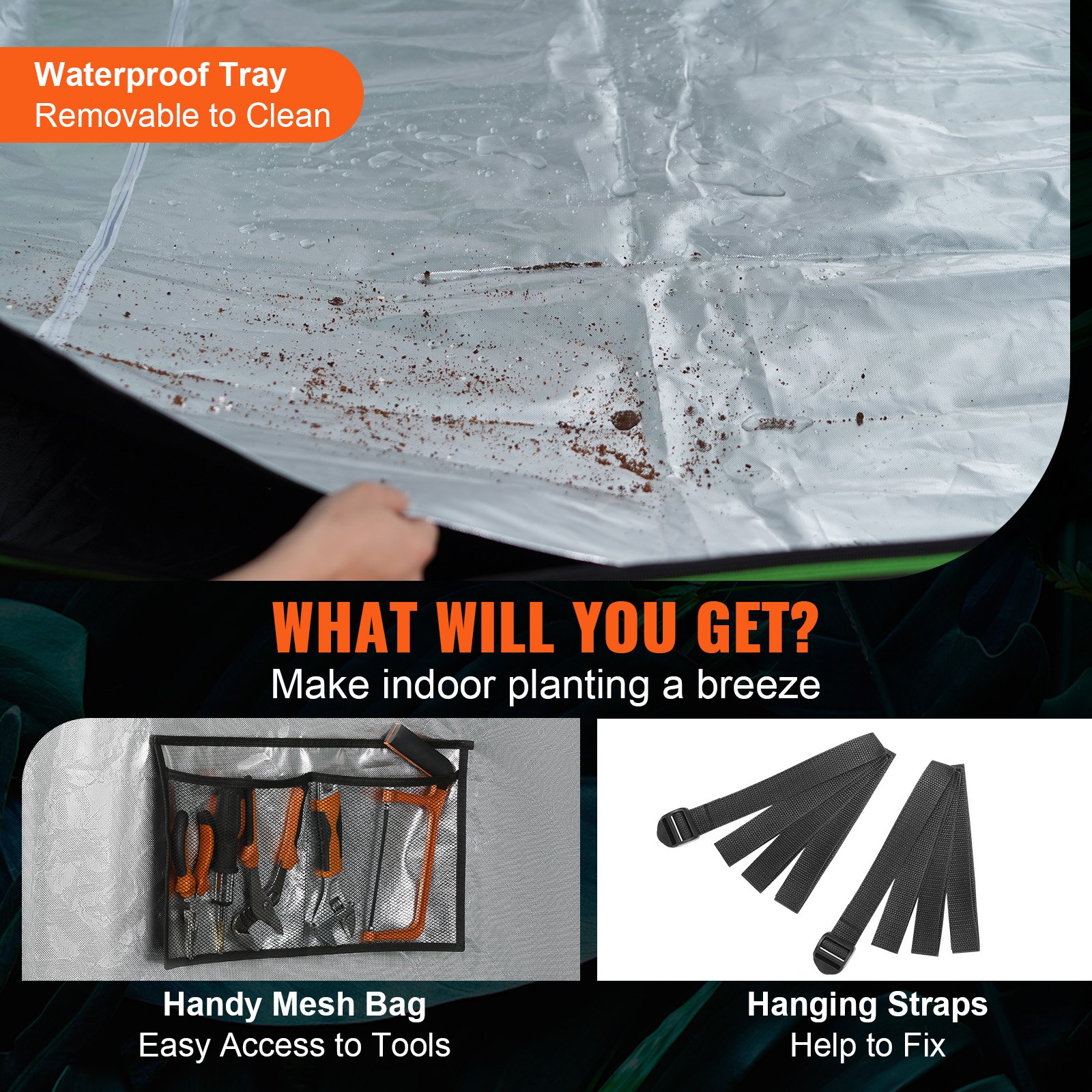 waterproof tray with soil, handy mesh bag for tools, and black hanging straps included in VEVOR grow tent.