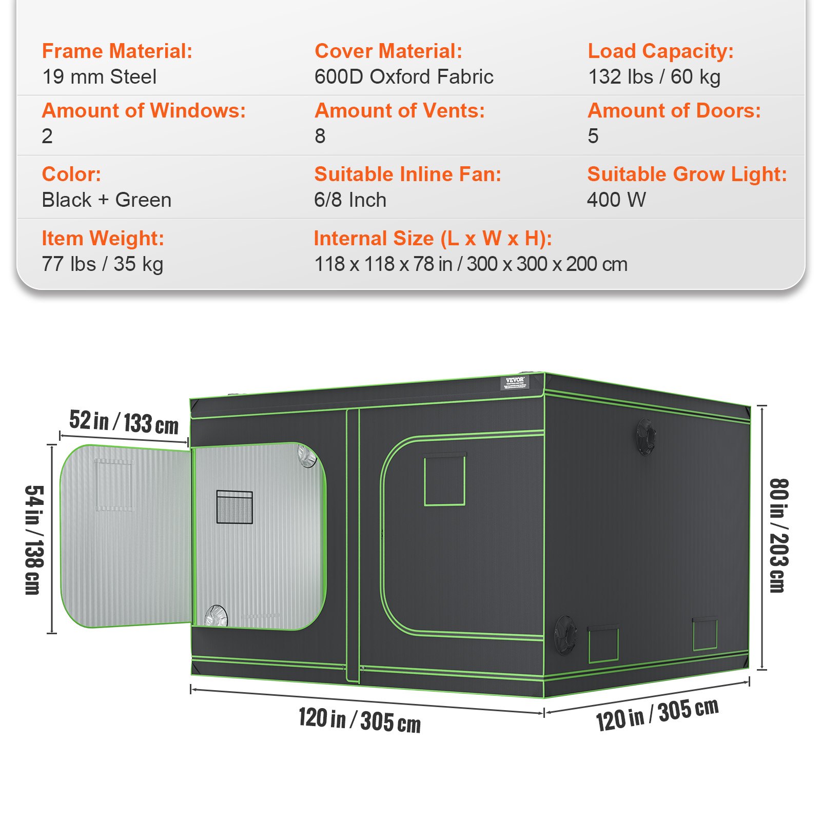 VEVOR grow tent, 19mm steel frame, 600d oxford fabric, black and green, 4x4x6.6 ft, 8 vents, 5 doors.
