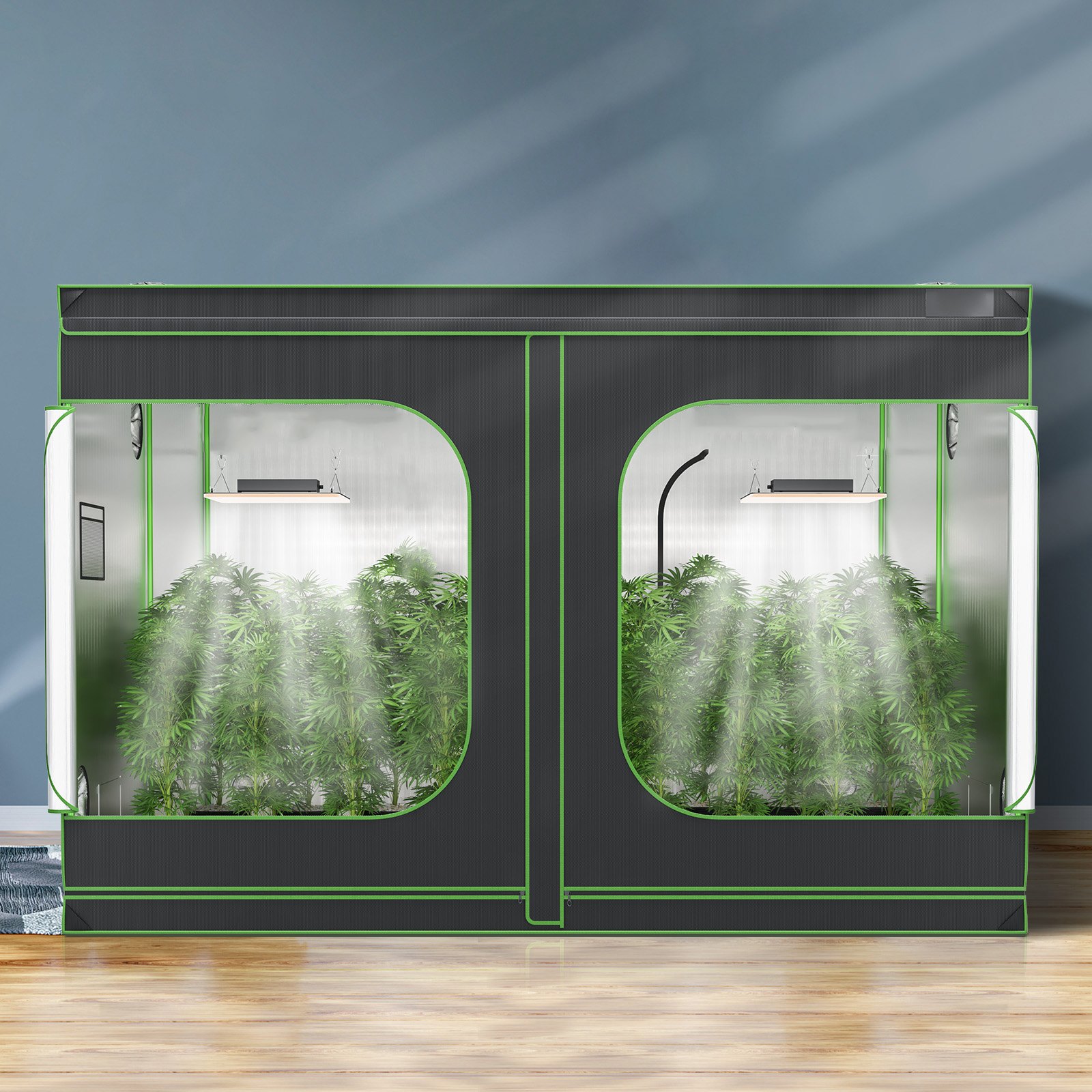 VEVOR grow tent with indoor plants, led lights, and ventilation system on a wooden floor backdrop.
