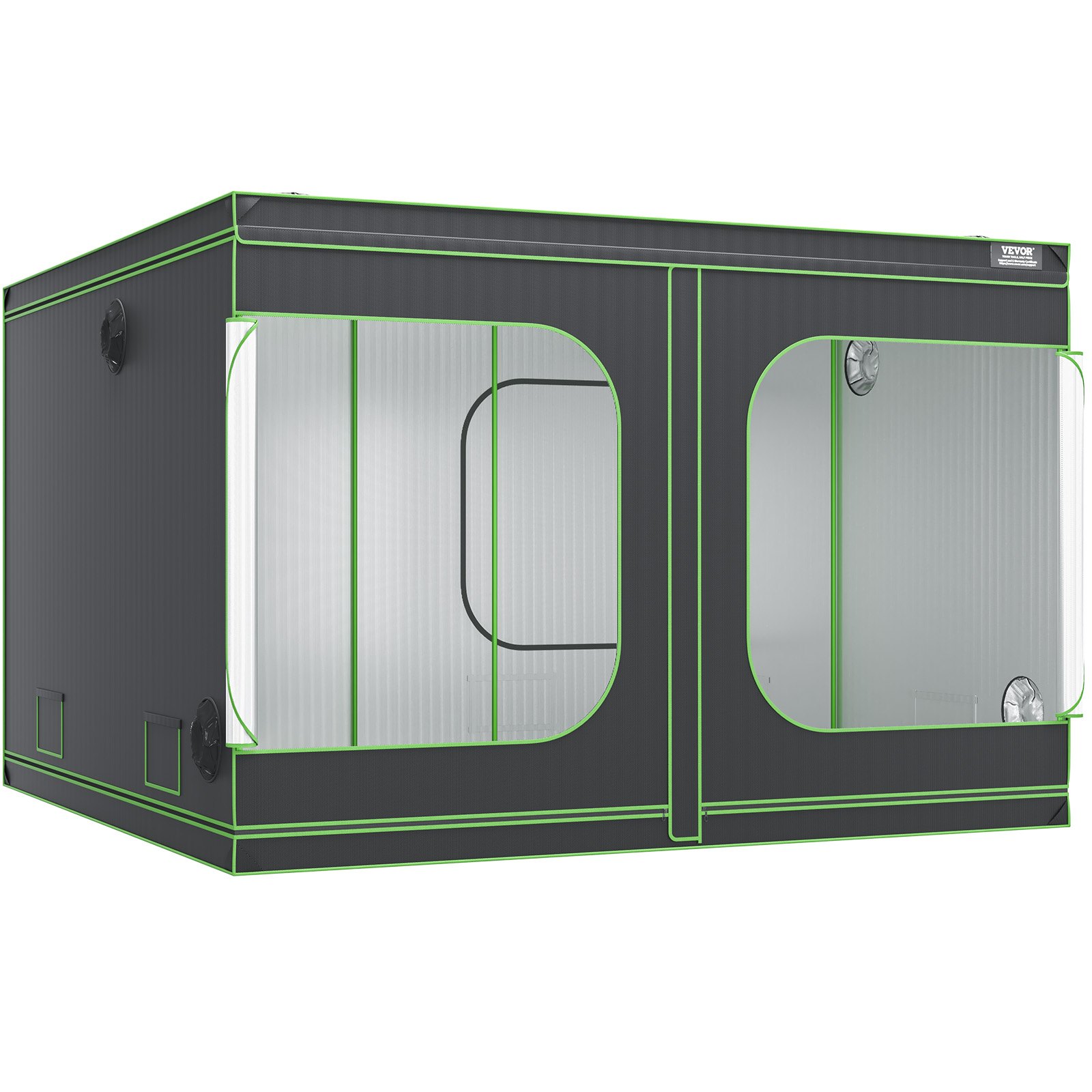 VEVOR grow tent, black exterior with green trim, large observation windows and ventilation ports.