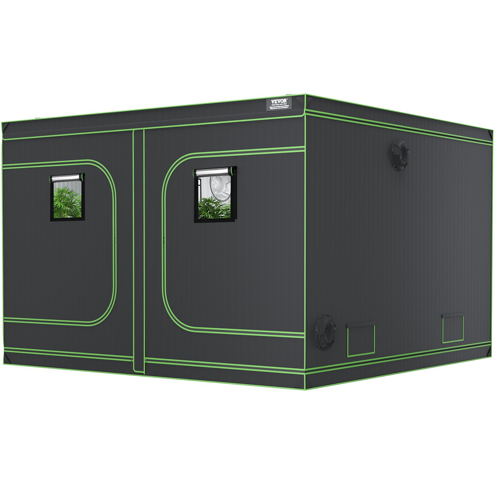 VEVOR grow tent with visible plants inside through small windows, black exterior with green trim.