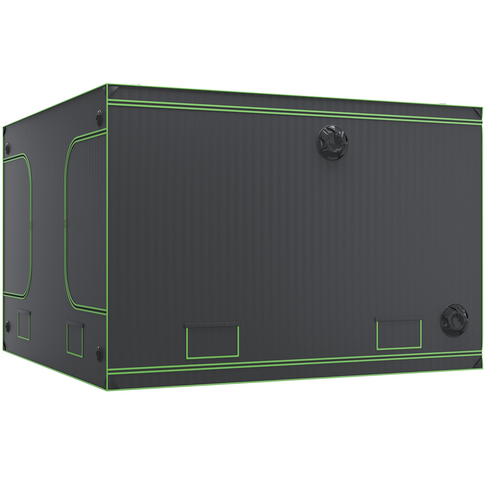 large, black rectangular VEVOR grow tent with green trim and ventilation ports on the sides.