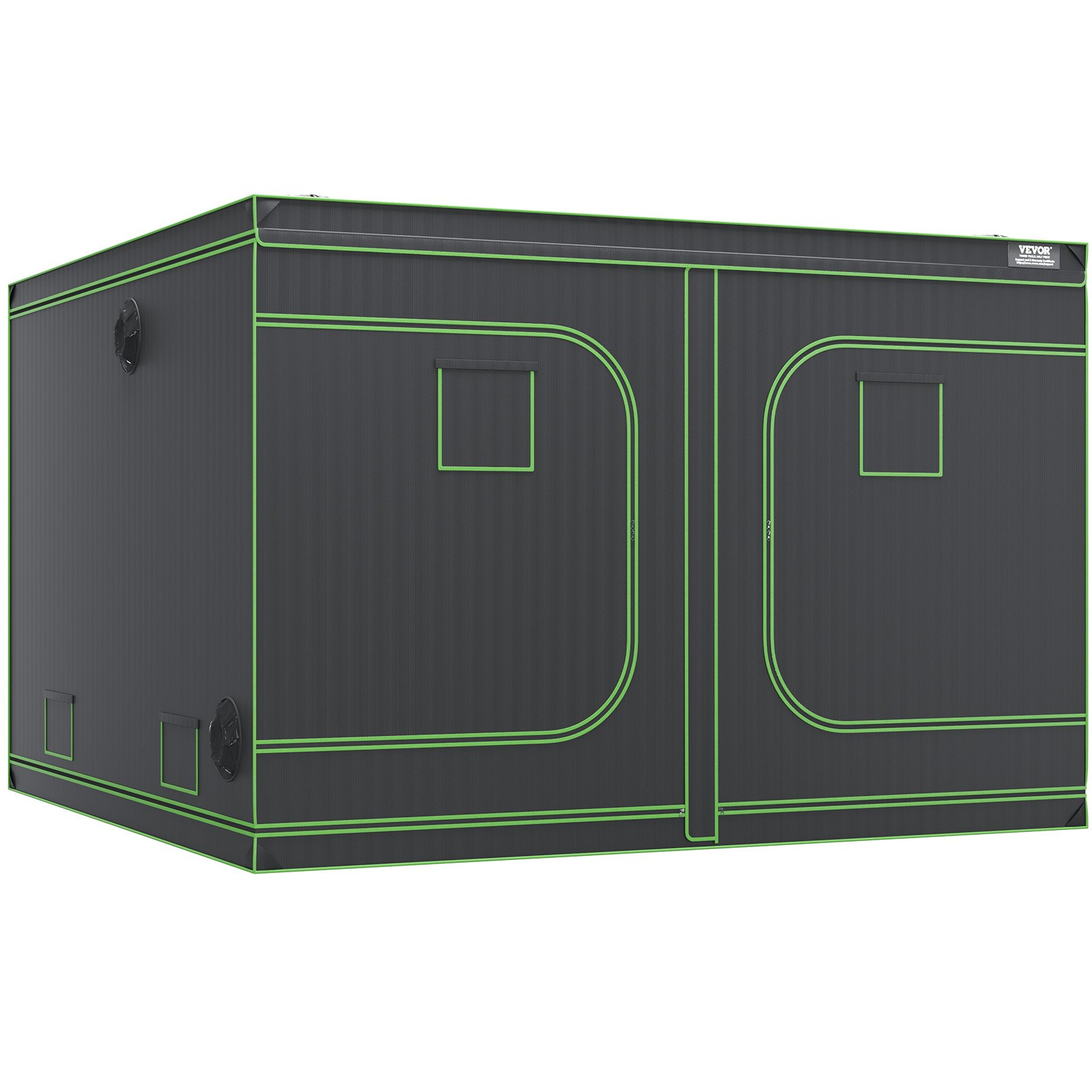 black VEVOR grow tent with green trim, multiple vents, and window flaps for indoor gardening.