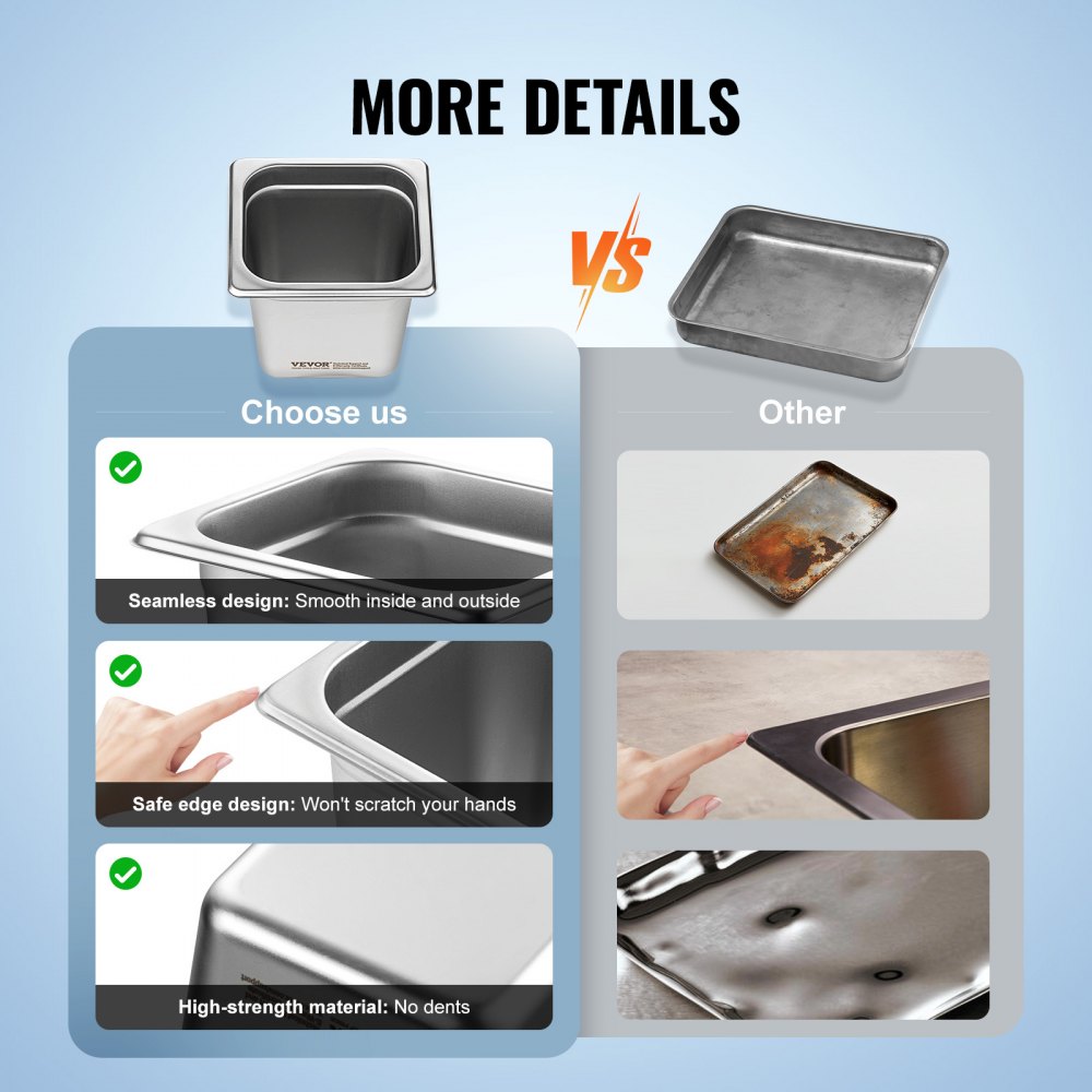 Balení 6 hotelových pánví, velikost 1/6, napařovací pánev s ochranou proti zasekávání, nerezová ocel o tloušťce 0,8 mm, restaurační napařovací pánev, komerční stolní pánev s hloubkou 6 palců, pánev na skladování potravin pro catering, pro průmysl a vědu - miniatura 6