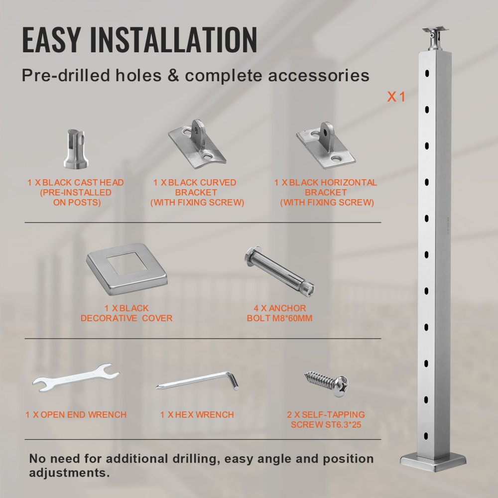 VEVOR Cable Railing Post, 36" x 2" x 2" Steel Horizontal Hole Deck ...