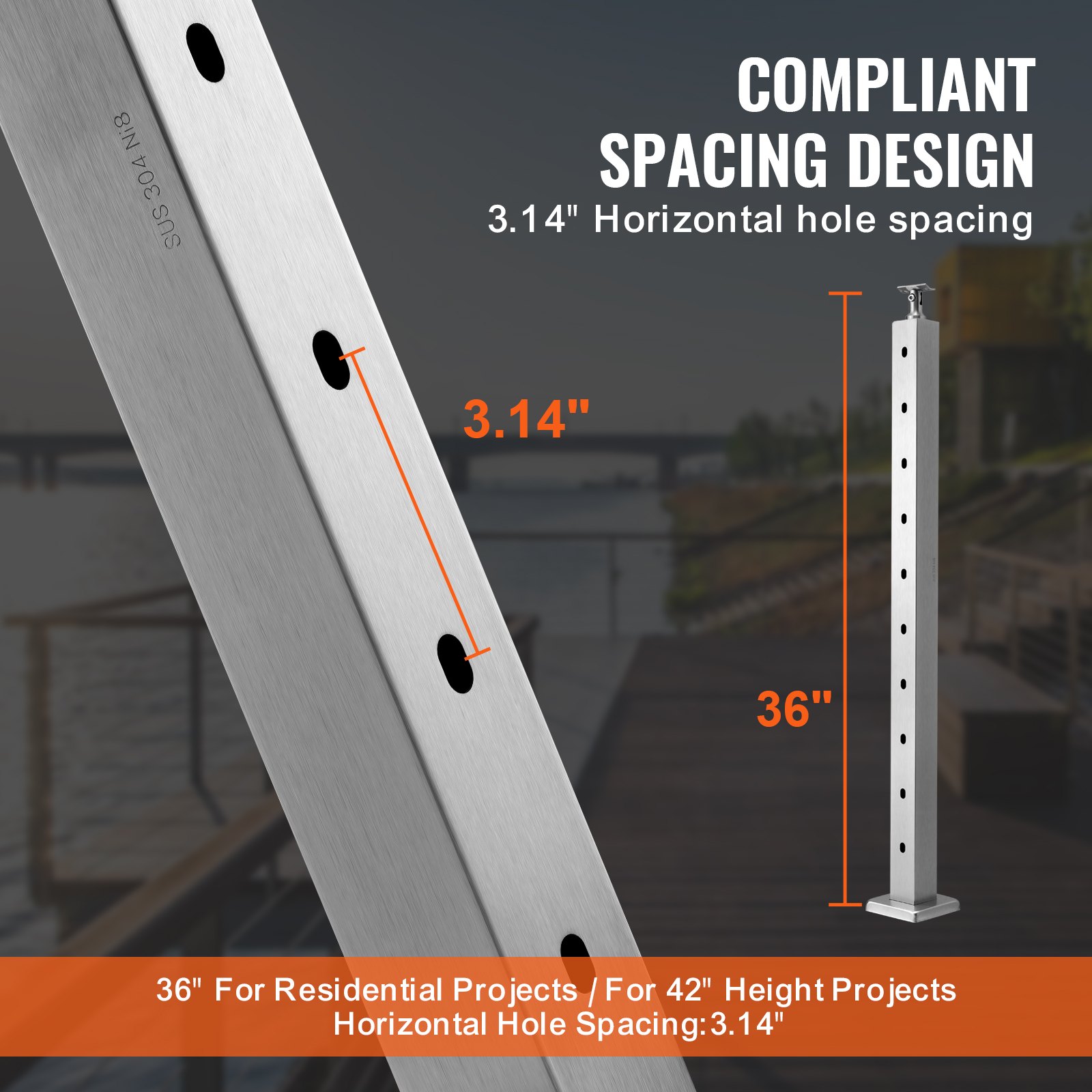 VEVOR Cable Railing Post, 36" x 2" x 2" Steel Horizontal Hole Deck ...