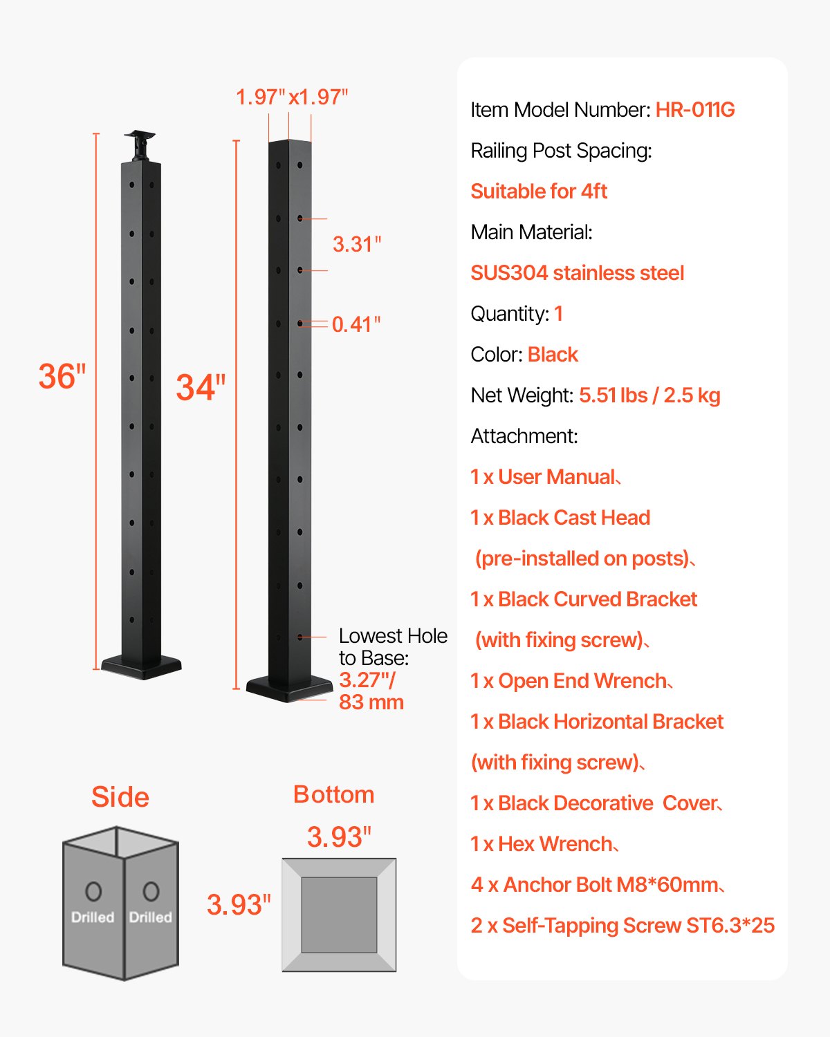 VEVOR Cable Railing Post, 36x2x2 Inch Corner Railing Post, with L ...