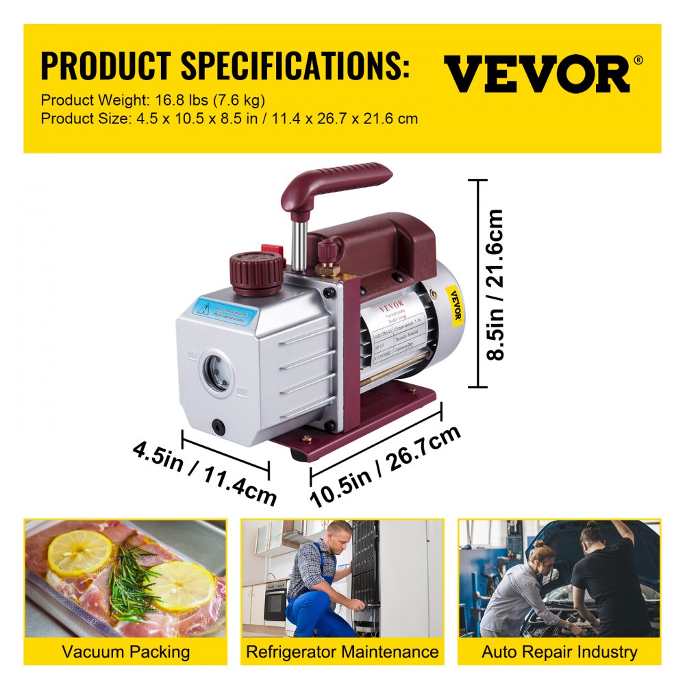 VEVOR 4.5 CFM Vacuum Pump – Single-Stage, 5 Pa Ultimate Vacuum – For HVAC, AC Repair, Refrigeration & More