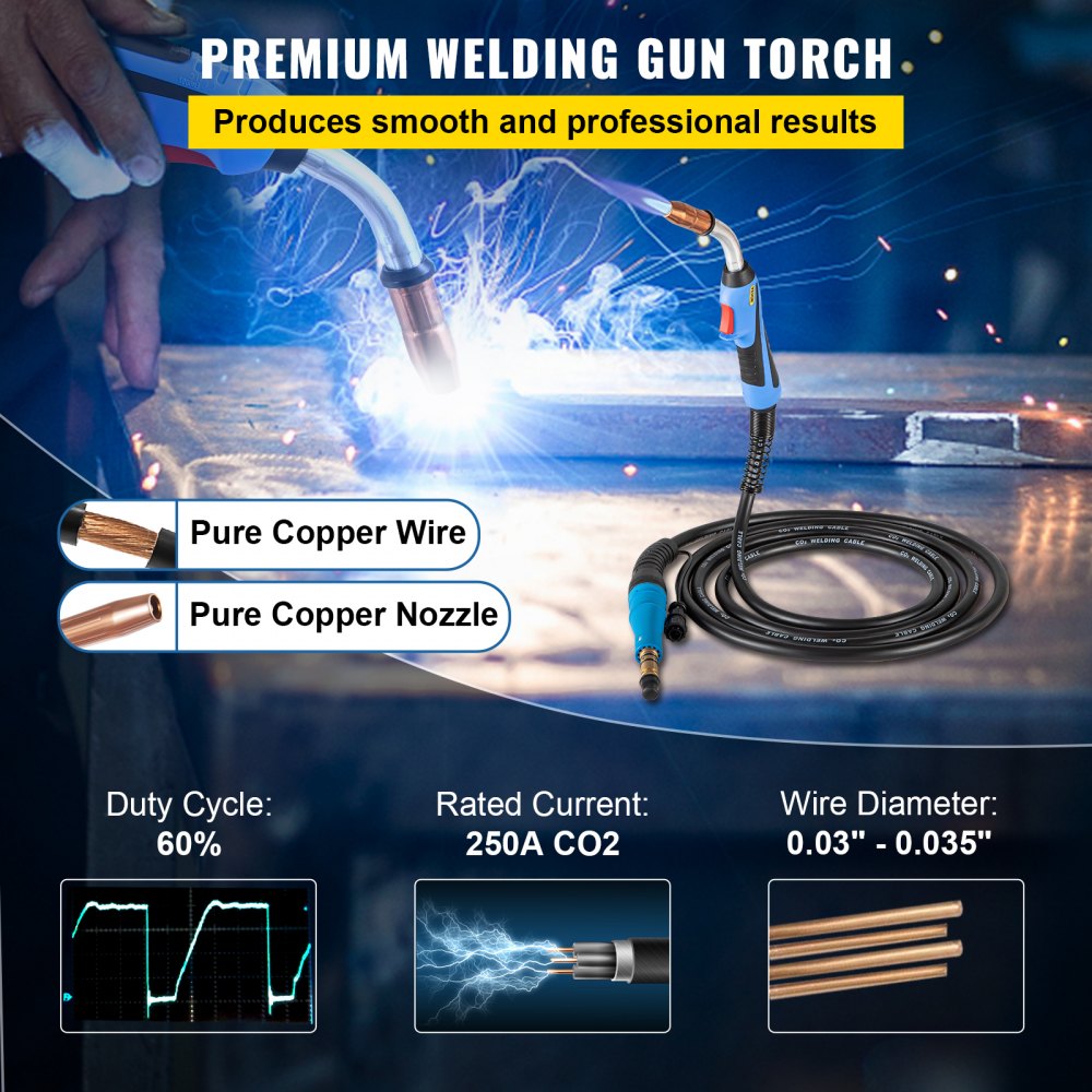 VEVOR Mig Welding Gun 250Amp 15Ft, fit for Torch Welder Gun Miller ...