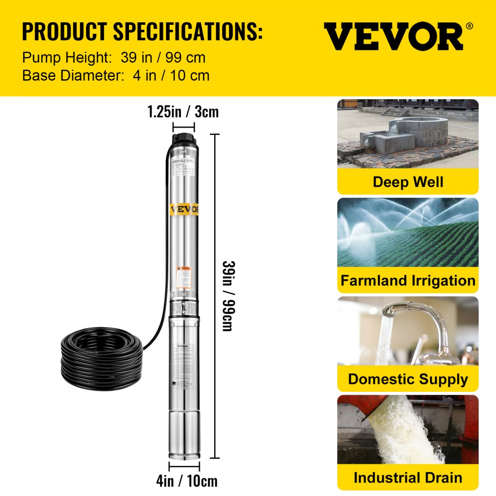 VEVOR Well Pump 2 HP 220V Submersible Well Pump 440ft Head 42GPM