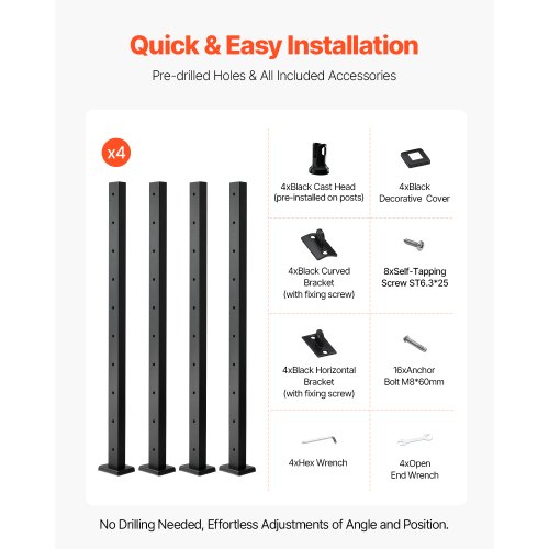 VEVOR 4-Pack Cable Railing Post, 36x2x2 In Horizontal-Hole Deck Railing ...