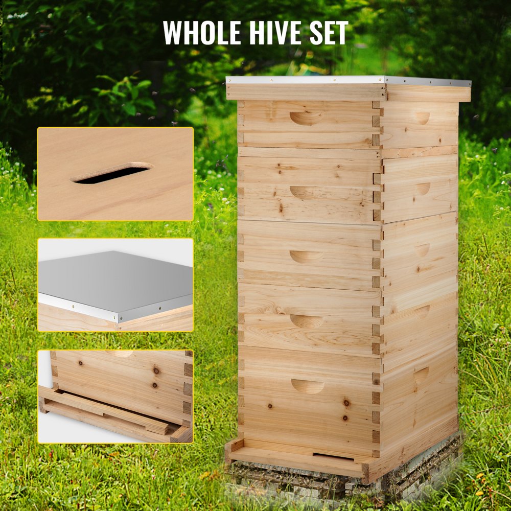 VEVOR 5 Boxes 10-Frame Bee Hive 1 Deep and 4 Medium Box Beehive Frames ...