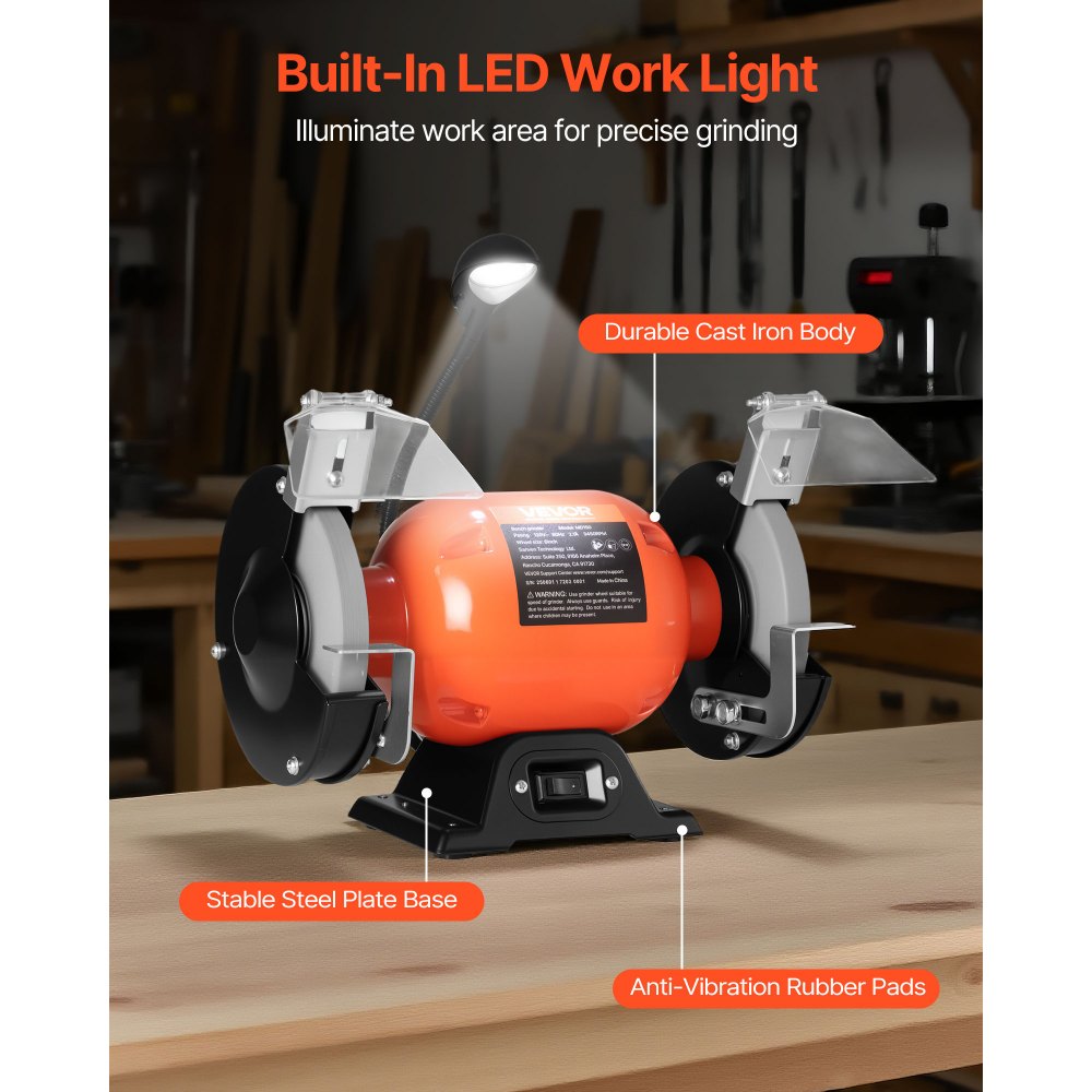 Fast Grinder VEVOR 6 Inch Bench Grinder with Light – 250W, 3450 RPM