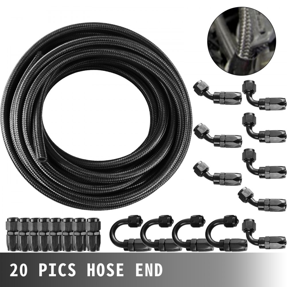 20FT 8AN 1/2" Nylon Braided Steel Oil/Gas Fuel Line Hose With Fitting Kit