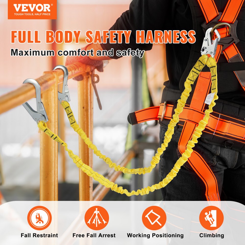 VEVOR 38mm Safety Lanyard, 6ft(1.83m) Fall Protection Lanyard with 2 ...