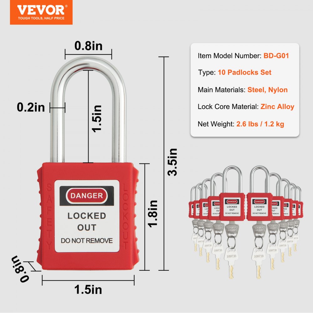 VEVOR Lockout Tagout Locks Set, 10 PCS Red Safety Lockout Padlocks ...