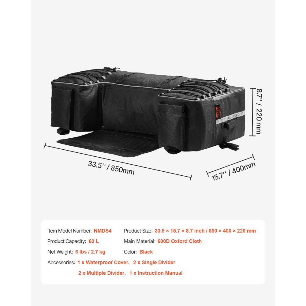VEVOR ATV Cargo Bag – 60L Rear, 600D Oxford, 33.5×15.7×8.7in