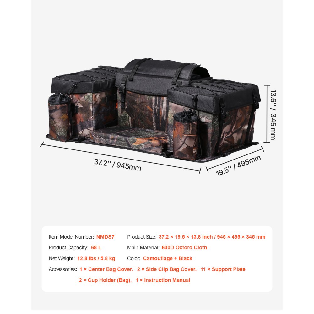 Matv Storage Rear VEVOR ATV Rear Storage Bag - 68L Cushion, 600D Oxford