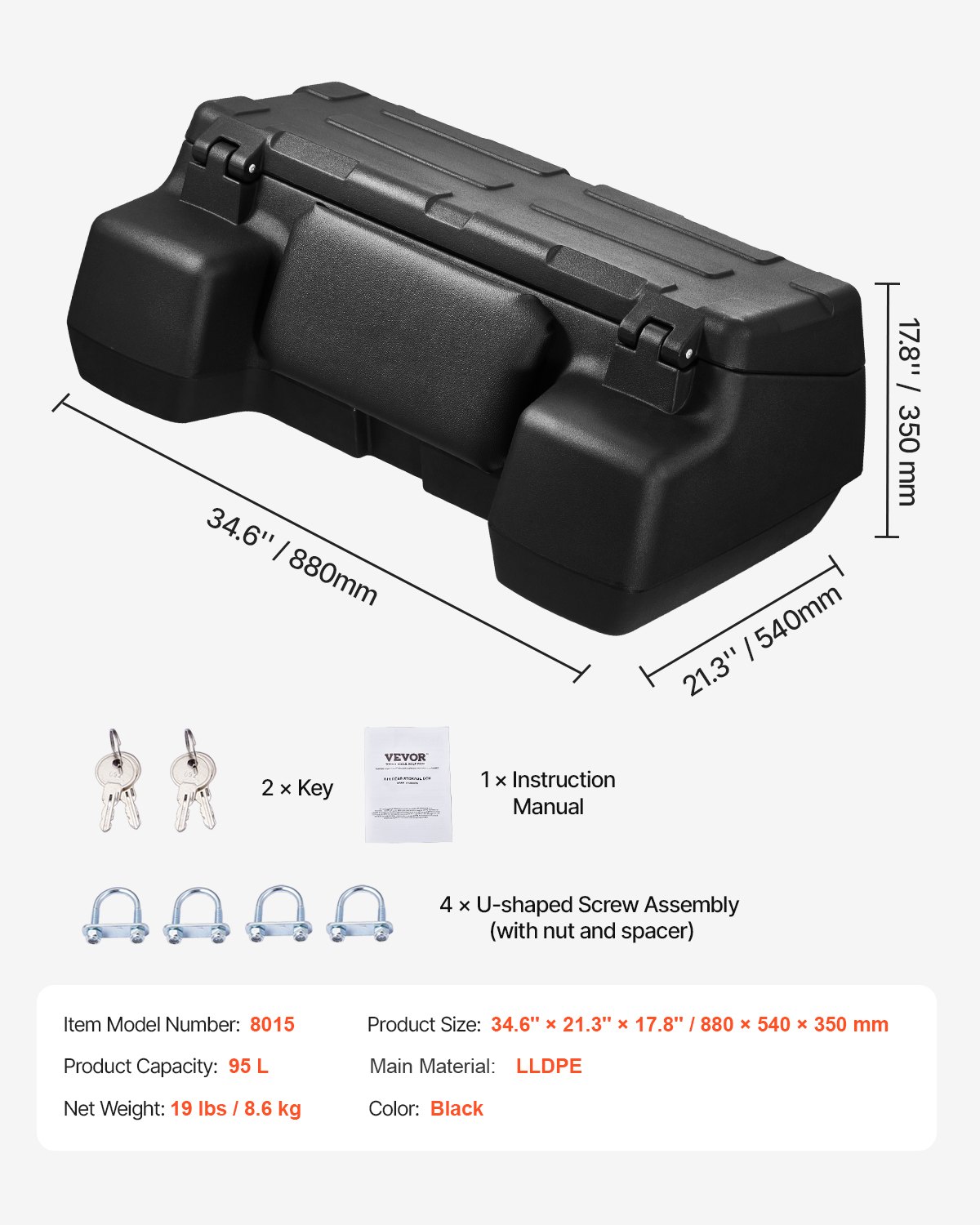 Matv Storage Rear VEVOR ATV Back Storage Box – 95L, 34.6 x 21.3 x 17.8 Inch