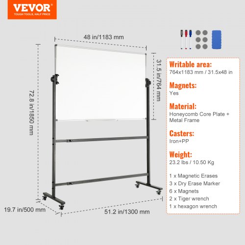 VEVOR Rolling Whiteboard, 48x32 inch Double-Sided Magnetic