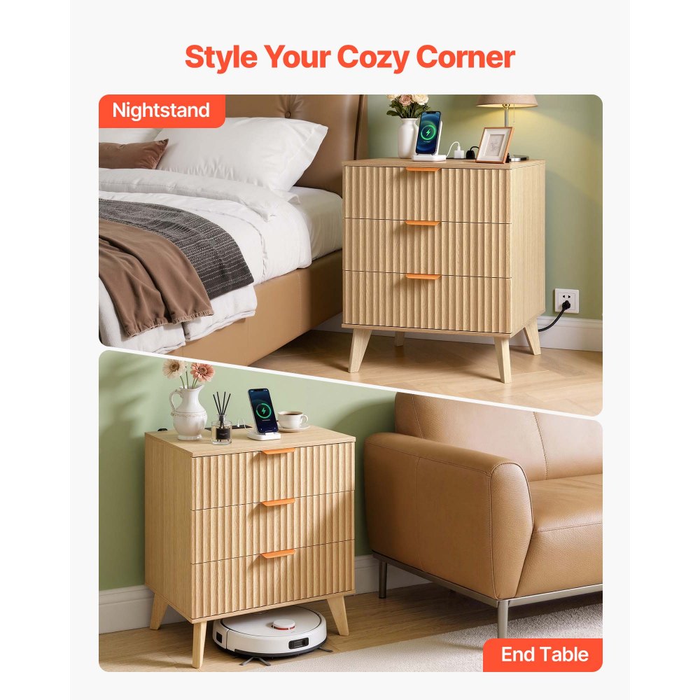 VEVOR Fluted Nightstand with Charging Station, with 3 Drawers, Dresser ...